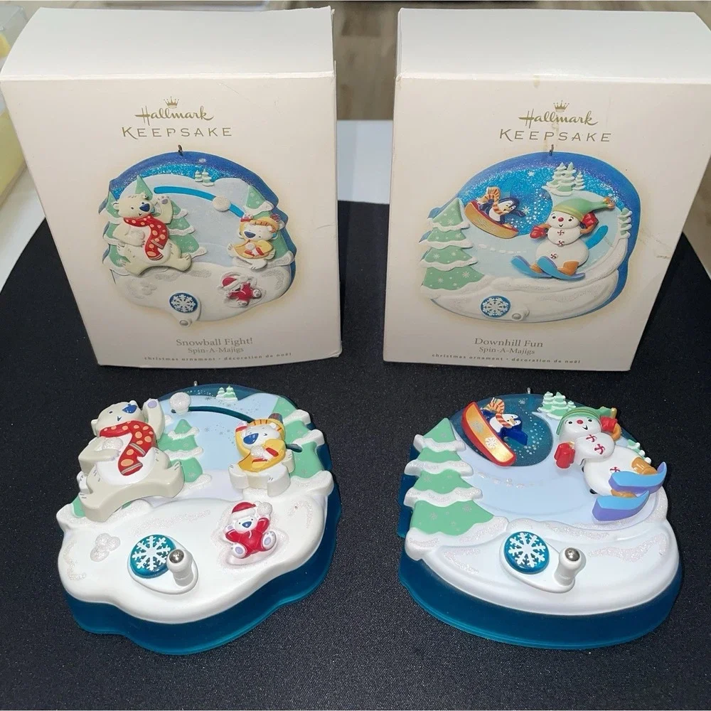 Snowball Fight & Downhill Fun Ornaments. 2008 Spin-A-Majigs. Both Work! Hallmark